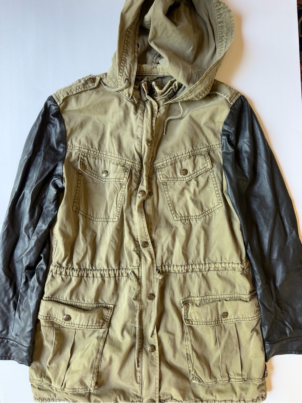 Talula Olive Utility Anorak Jacket Faux Leather Sleeves Hooded Small